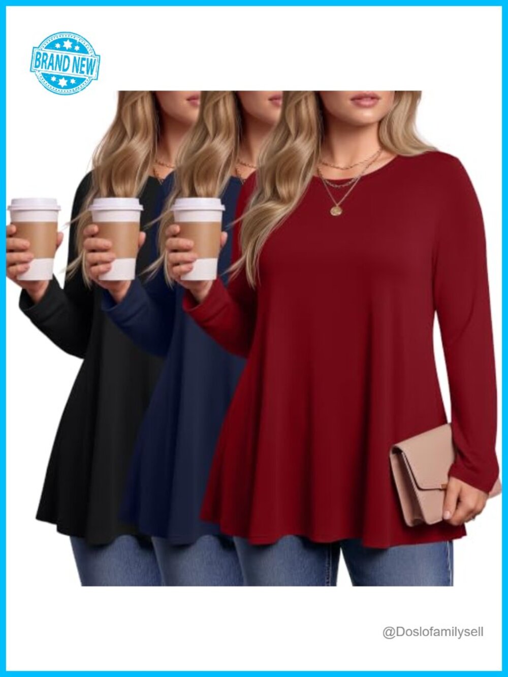3 Pack Womens Plus Size Tunic Tops Long Sleeve Round Neck Pullover